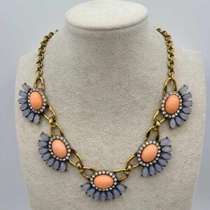 J Crew Rose Gold Tone Pink Gray Resin Stone Clear Crystal Necklace